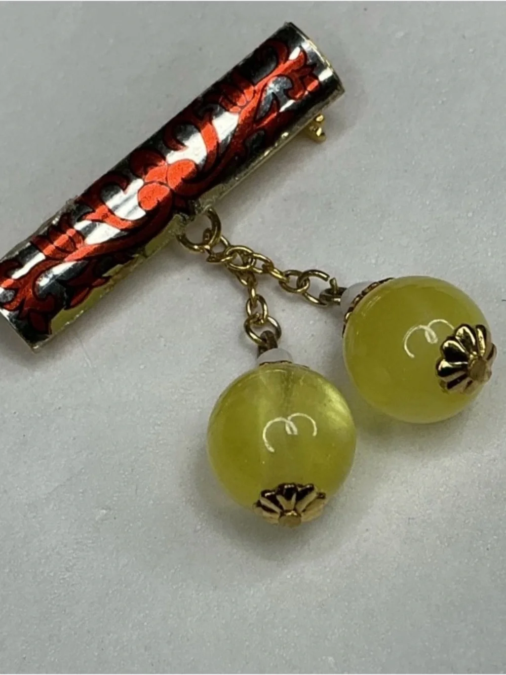 Vintage Japanese Amita Damascene Dangle Bar Brooch